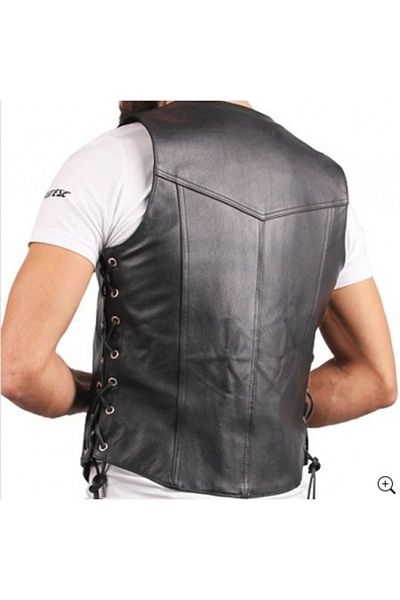 royalmoni Genuine Leather Black Men's Biker Leather Vest