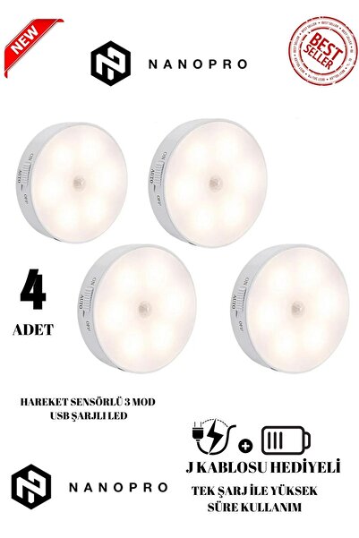Nanopro 4 Adet Hareket Sensörlü Usb Şarjlı Led Işık Lamba 4 Adet Set