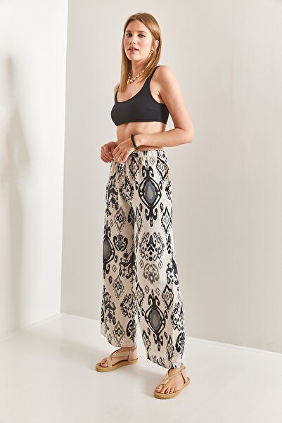 Bianco Lucci Kadın Beli Lastikli Multi Desenli Keten Pantolon
