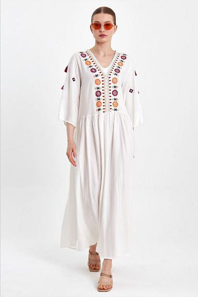 AYASOFYA OTANTIK Women's White Ethnic Authentic Embroidery Embroidered Sleeves Tassel Dress