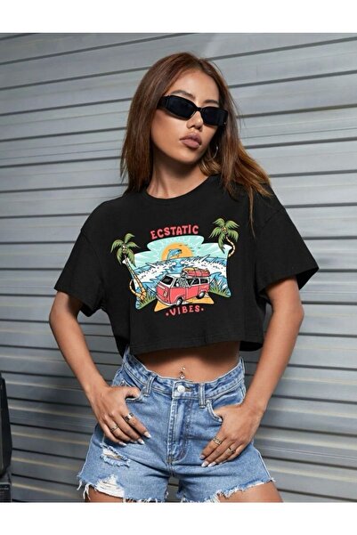 SELENA BUTİK Top crop negru cu imprimeu Ecstatic Vibes, supradimensionat
