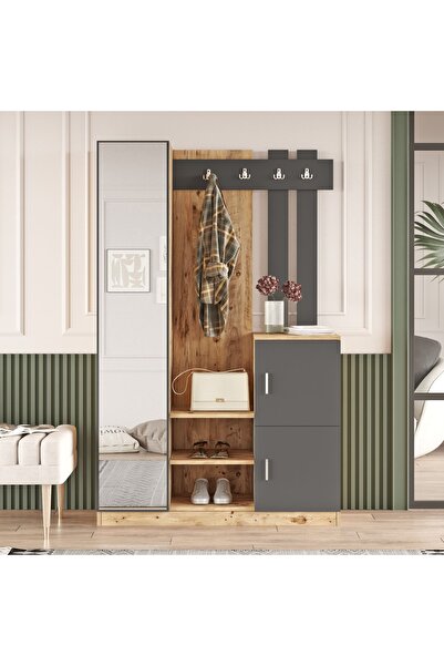 L'occi Concept Hannover Aynalı Askılı Kapaklı Vestiyer Portmanto Ayakkabılık Çam-gri