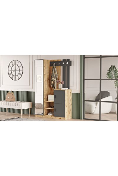 L'occi Concept Hannover Aynalı Askılı Kapaklı Vestiyer Portmanto Ayakkabılık Çam-gri