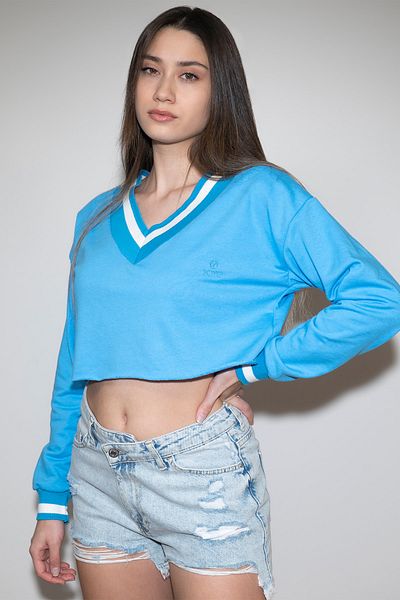 Soyo Hanorac crop oversize albastru pentru femei, cu guler și mâneci în dungi