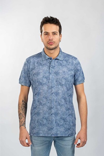 Moda Işık Indigo Color Polo Neck Digital Printed T-shirt