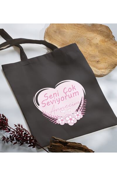 Bk Gift Anneler Günü Tasarımlı Antrasit Kumaş Bez Çanta, Baskılı Omuz Çantası...