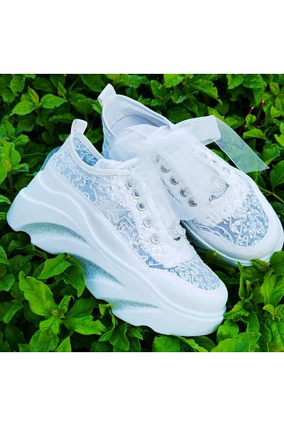 Ayakkabı Tutkusu Stilo ® Bridal Sneakers New 7cm Lace Embroidery Handmade Custom Sports Bride Evening Dress Sneakers New