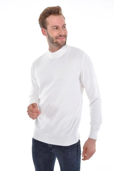 Çizgi Triko Чоловічий напіврибальський ангорський кролячий вовняний білий светр, стандартний крій