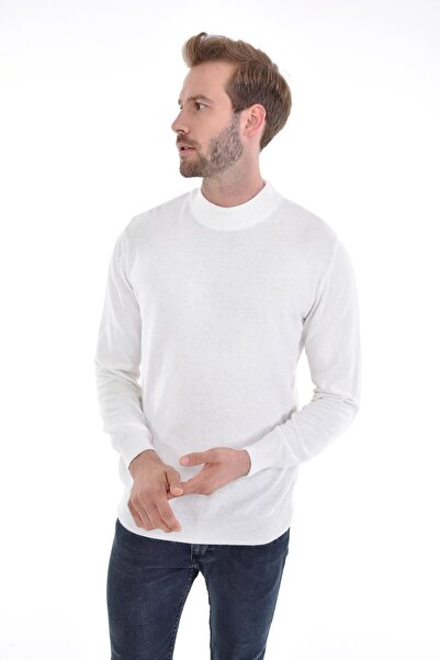 Çizgi Triko Ανδρικό λευκό πουλόβερ με κανονικό σχέδιο, Half Fisherman Angora Rabbit Wool