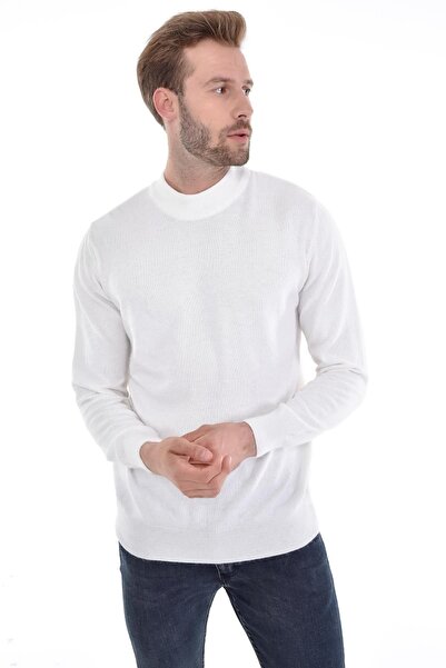 Çizgi Triko Ανδρικό λευκό πουλόβερ με κανονικό σχέδιο, Half Fisherman Angora Rabbit Wool