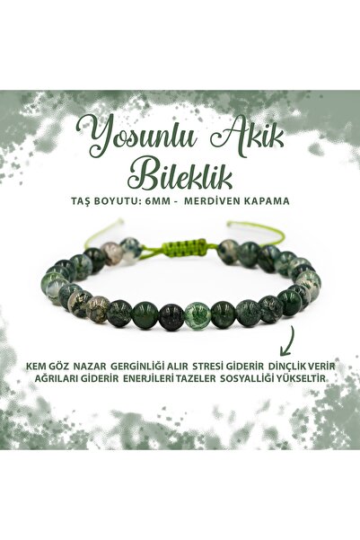 Deniz Doğal Taş Sertifikalı Yosunlu Akik 6mm Merdiven Kapama Doğal Taş Bileklik