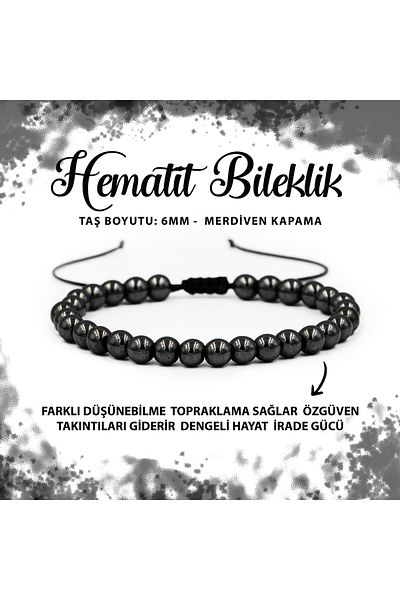 Deniz Doğal Taş Certified Hematite 6mm Ladder Closure Natural Stone Bracelet