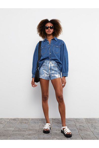 LC Waikiki Dámské džínové šortky s vysokým pasem Mom Fit s detailním vzorem do kapsy