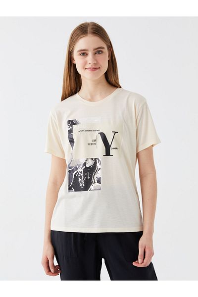 LC Waikiki Dámské tričko s krátkým rukávem s potiskem Crew Neck