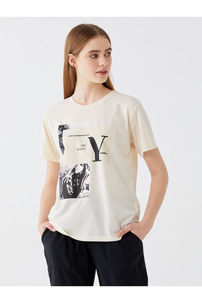 LC Waikiki Dámské tričko s krátkým rukávem s potiskem Crew Neck