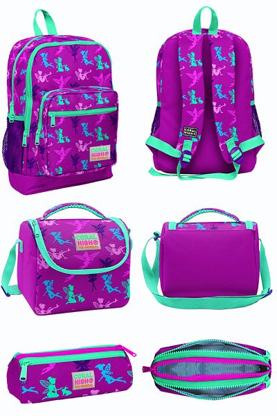 Coral High Roz închis, verde apă, model de zână, rucsac de școală cu patru compartimente, cutie de prânz, geantă de creion