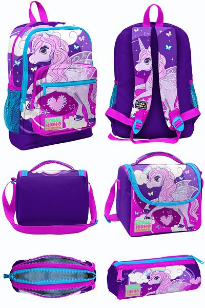 Coral High Rucsac de școală cu patru compartimente, cu model de unicorn, roz violet, cutie de prânz, geantă de creion