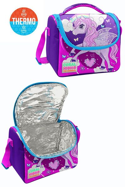 Coral High Rucsac de școală cu patru compartimente, cu model de unicorn, roz violet, cutie de prânz, geantă de creion
