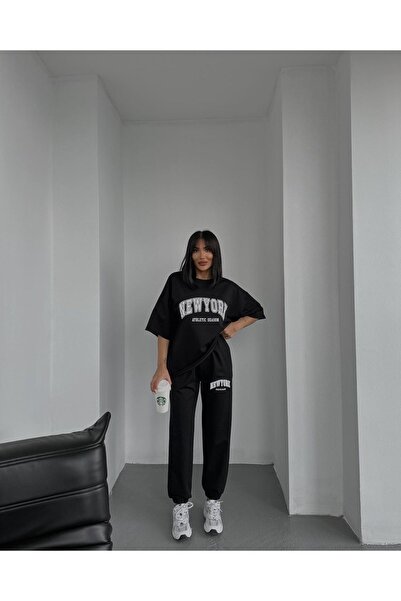 Machetta Plus Size Athletic Season New York Printed Oversize Bottom-top T-shirt Tracksuit Set