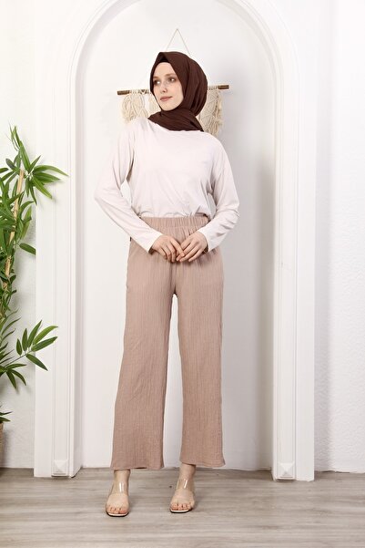 Space Fashion Beli Lastikli Etekli Pantolon Yazlık Rahat Geniş Gofre Kumaş
