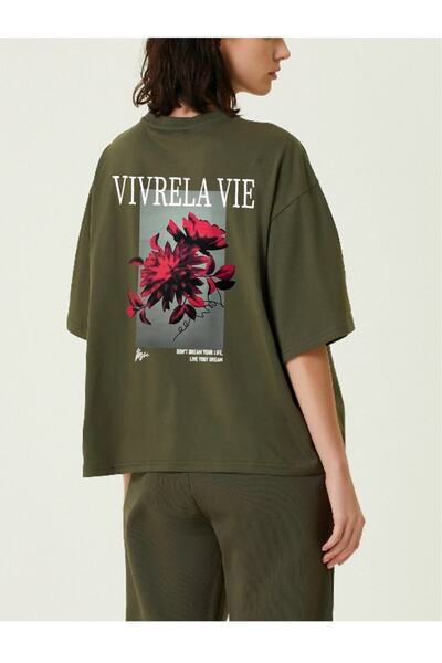 Black Sokak Βαμβακερό μπλουζάκι Unisex Khaki Vivre La Vie με στάμπα Oversize Crew λαιμόκοψη