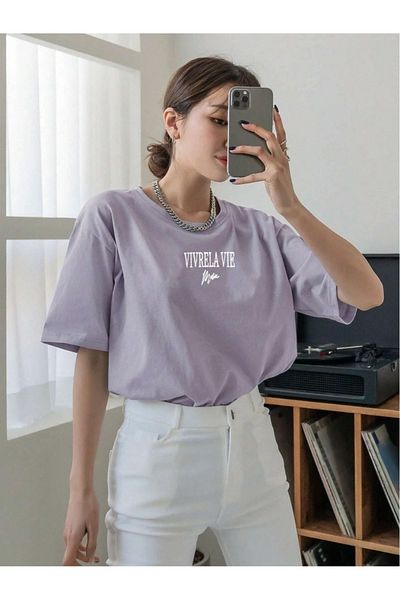 Black Sokak Unisex tričko Lila Vivre La Vie s potiskem Oversize Crew Crew Neck Neck Deck Česané bavlněné tričko