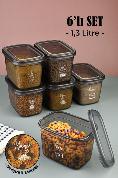 Vienev Set of 6 Peggy Rectangular Storage Containers with White Silk Screen Label 1.3 Liter Anthracite