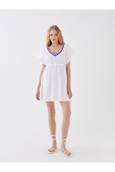 LC Waikiki Strandkleid mit V-Ausschnitt und kurzen Ärmeln für Damen