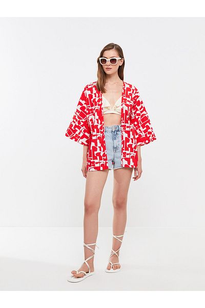 LC Waikiki Strandkleid aus Baumwolle mit Schalkragen und Muster für Damen