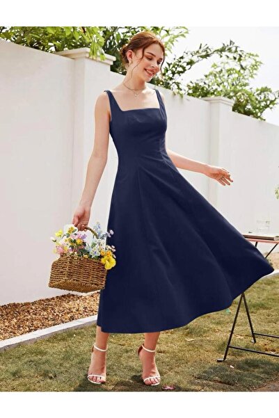Styling Park Askılı Kare Yaka Midi Boy Elbise
