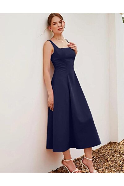 Styling Park Askılı Kare Yaka Midi Boy Elbise