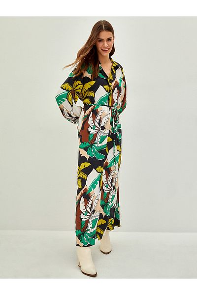 LC Waikiki Shirt Collar Patterned Long Sleeve Belted Waist Viscose Women's Dress