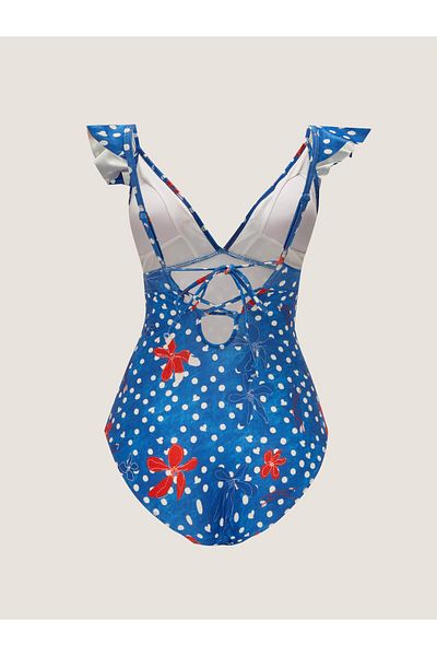 LC Waikiki Gemusterter Damen-Badeanzug mit V-Ausschnitt und Rüschendetail