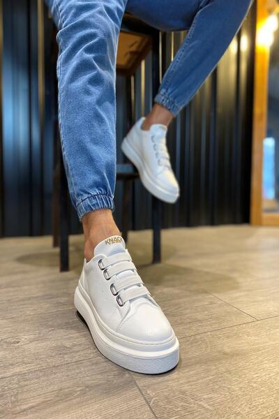 Mida Shoes White Leather Banded Comfortable Sole Casual Men's Shoes