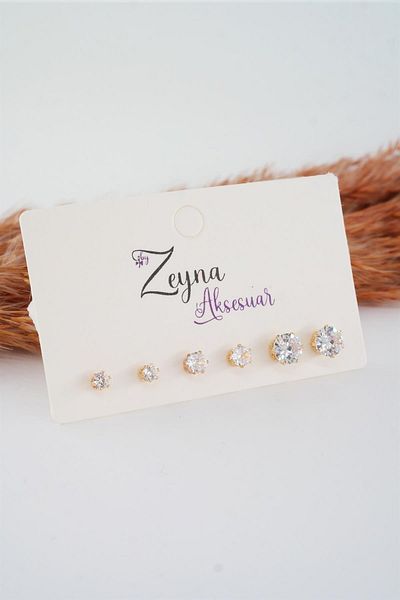 By Zeyna Aksesuar Women's 3 Size 6 Oval Zircon Stone Earring Set
