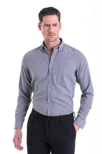 Hatemoğlu Γκρι Comfort Fit μονόχρωμο γιακά με μακρυμάνικο πουκάμισο φανέλα
