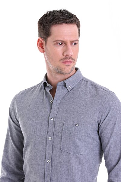 Hatemoğlu Gray Comfort Fit Straight Buttoned Collar Long Sleeve Casual Flannel Shirt