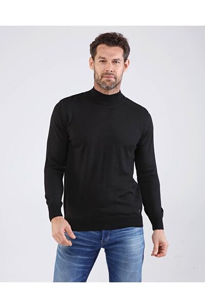 Çizgi Triko Ανδρικό μισό ζιβάγκο, βαμβακερό πλεκτό, μαύρο πουλόβερ με μοτίβο, ελαστικό μανίκι και μέση