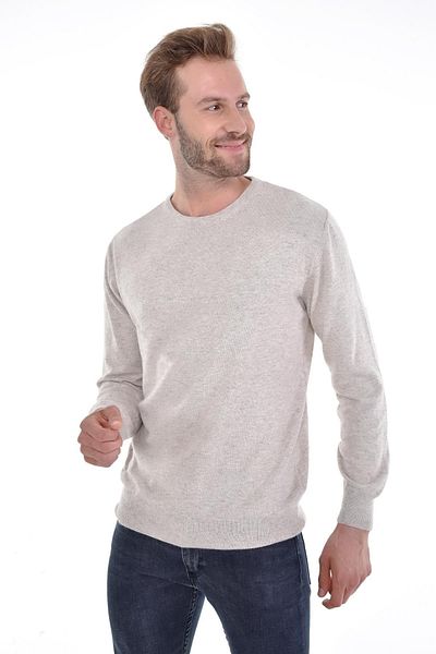 Çizgi Triko Ανδρικό πουλόβερ με λαιμόκοψη Angora Rabbit Beige κανονική εφαρμογή