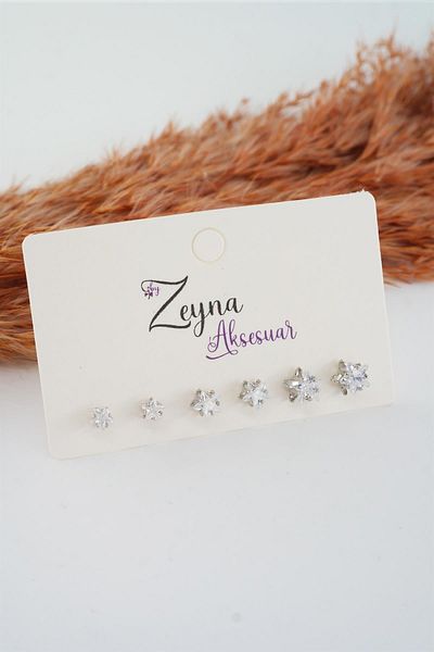By Zeyna Aksesuar مجموعة أقراط نسائية من حجر الزركون 3 مقاسات 6 ونجمة باغيت