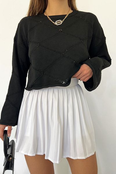 LE CARAMBOLE Women's Black Square Patterned Spanish Sleeve Crew Neck Knitwear Blouse