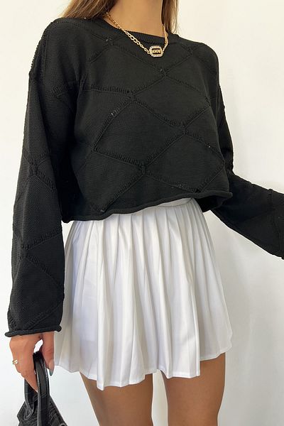 LE CARAMBOLE Women's Black Square Patterned Spanish Sleeve Crew Neck Knitwear Blouse