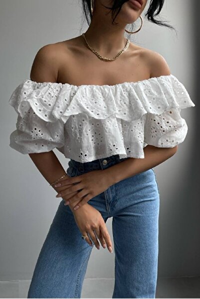 lovebox Γυναικεία λευκή στράπλες μπλούζα κεντήματος 23s15006