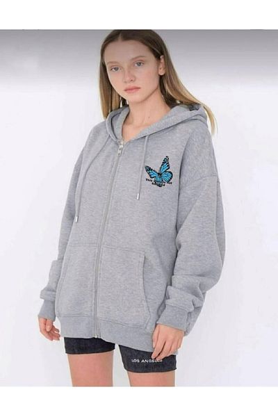 SELENA BUTİK Υπερμεγέθη Unisex Ζακέτα με φερμουάρ με στάμπα με πεταλούδα