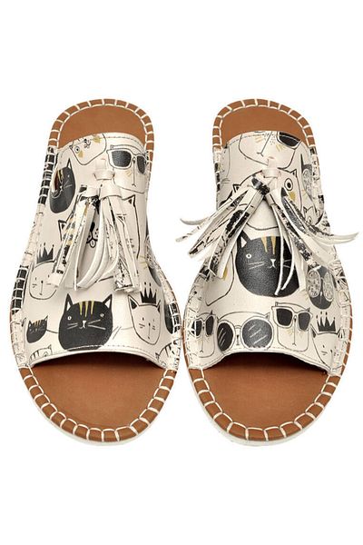Dogo Women's Vegan Leather Beige Slippers - Monochrome Cats Design