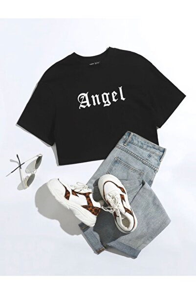 SELENA BUTİK Top negru cu imprimeu cu înger unic supradimensionat