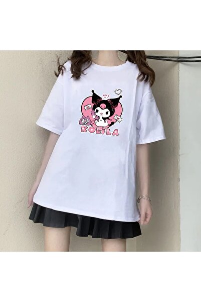 MECH BUTİK تي شيرت بناتي كبير الحجم مطبوع باللونين الأسود/الأبيض من Kuromi Ko...