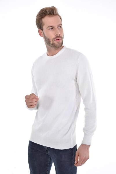 Çizgi Triko Ανδρικό πουλόβερ με λαιμόκοψη Angora Rabbit Wool White με κανονική εφαρμογή