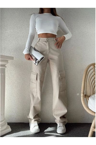 LAMİRAMOOD Pantaloni din denim cu picioare largi, bej, cu buzunar cargo