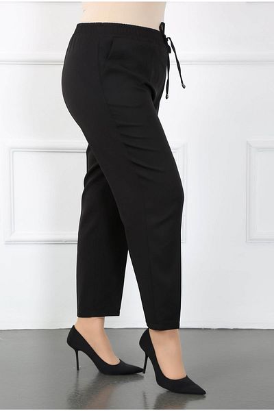 By Alba Collection Women's Black Imported Dumbbell Elastic Waist Large Size Trousers